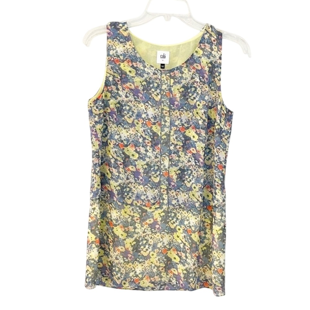 Cabi Womens XS Yellow Blue Watercolor Floral Sleeveless Layered Blouse‎ Top